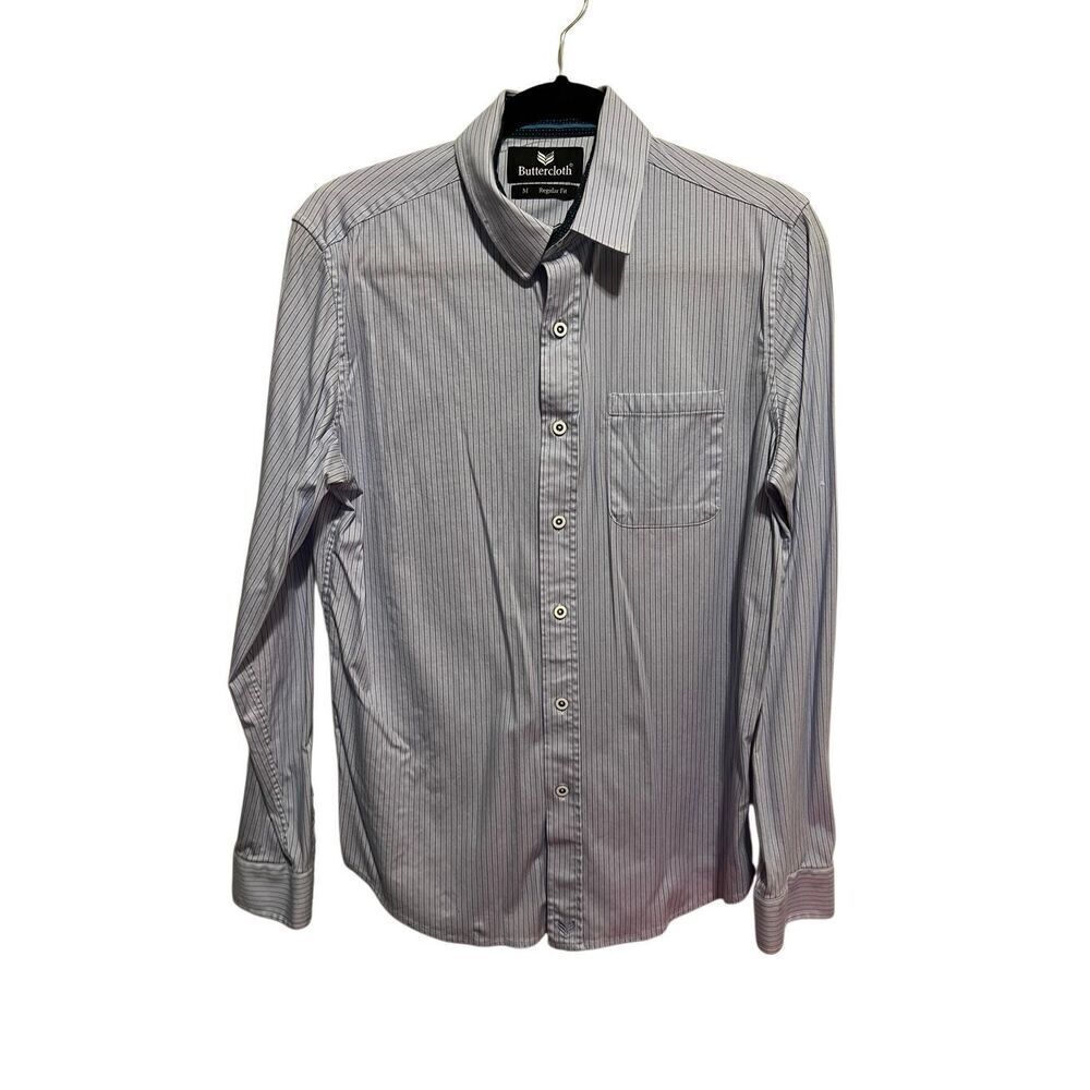 Buttercloth Men's Regular Icy Cotton Striped Button Up Shirt Gray Black Medium